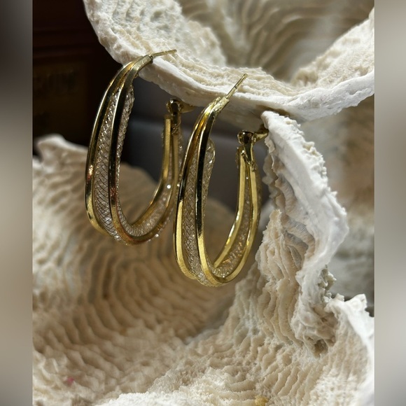 💛 Elegant 925 Gold Plated Mesh Hoop Earrings - Picture 1 of 12